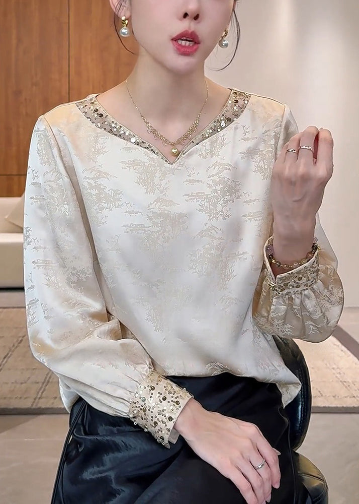 Chinese Style Apricot V Neck Silk Top Spring