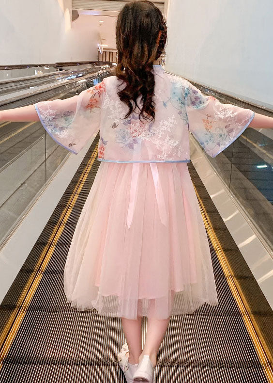 Chinese Style Pink Embroideried Patchwork Chiffon Kids Dress Summer