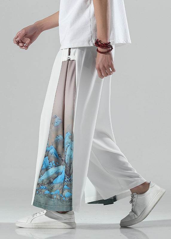Chinese Style White Print Patchwork Ice Silk Wide Leg Pants Summer