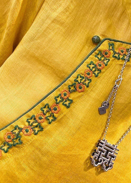 Chinese Style Blue Sunflower O-neck Embroidered Linen Tops Short Sleeve