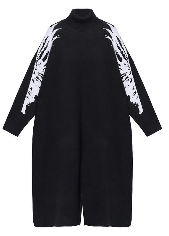 Christmas Black Weaving Flowers Sweater High Neck Daily Knit Dress