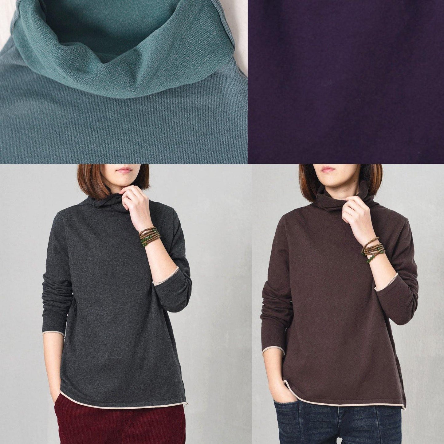 Chunky Dark Gray Knit Blouse Oversize High Neck Sweaters Fall