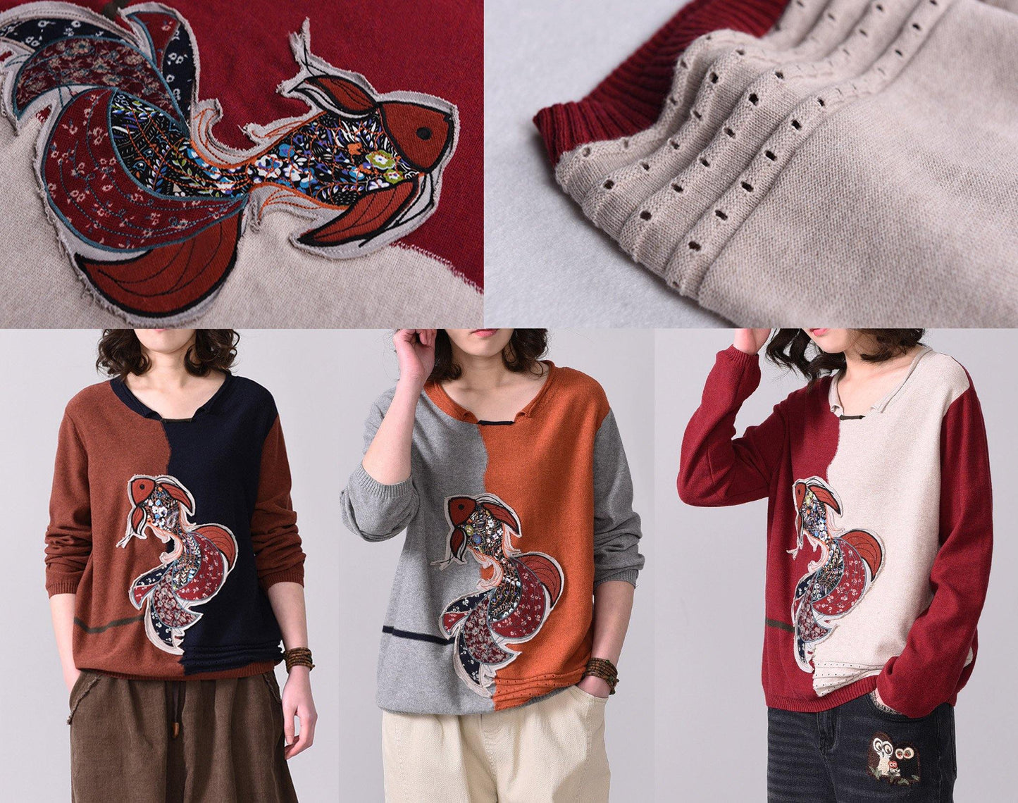 Chunky Dark Red Patchwork Navy Sweater Fall Appliques Sweaters O Neck