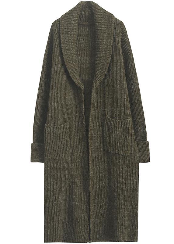 Chunky Fall Knit Sweat Tops Army Green V Neck Pockets Cardigan