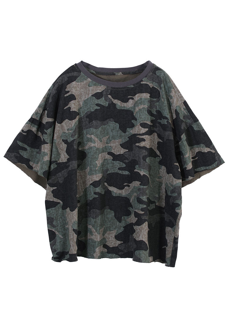 Classy Army Green O-neck Oversized Camouflage Print Cotton Tank Tops Short Sleeve