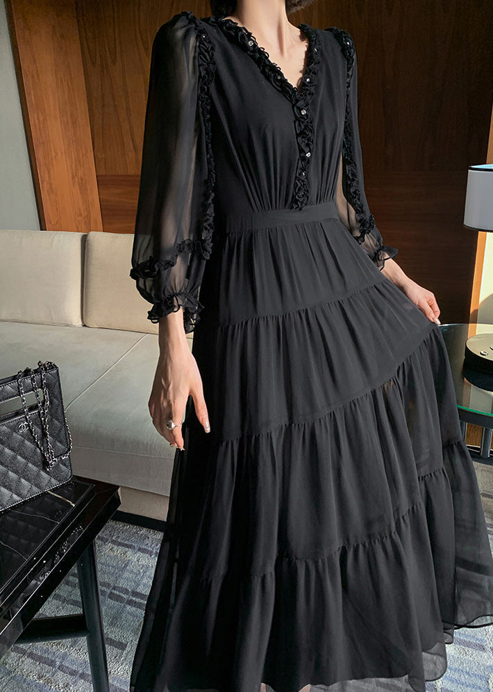 Classy Black V Neck Patchwork Tunic Button Vacation Maxi Dresses Long Sleeve