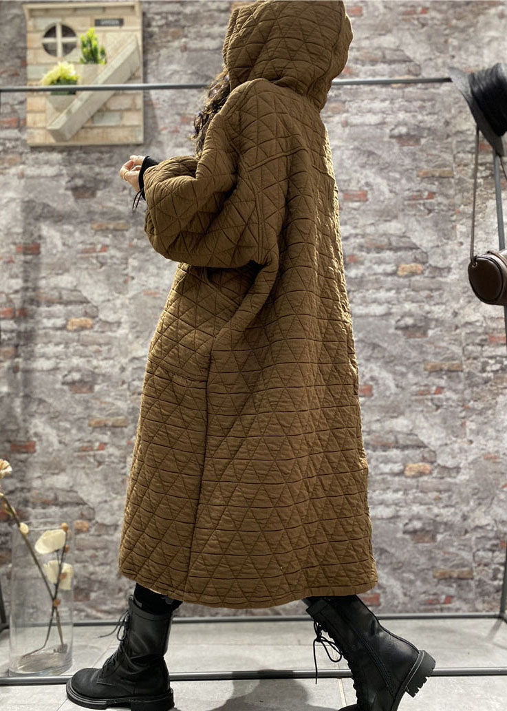 Classy Coffee Hooded Drawstring Fine Cotton Filled Dress Winter
