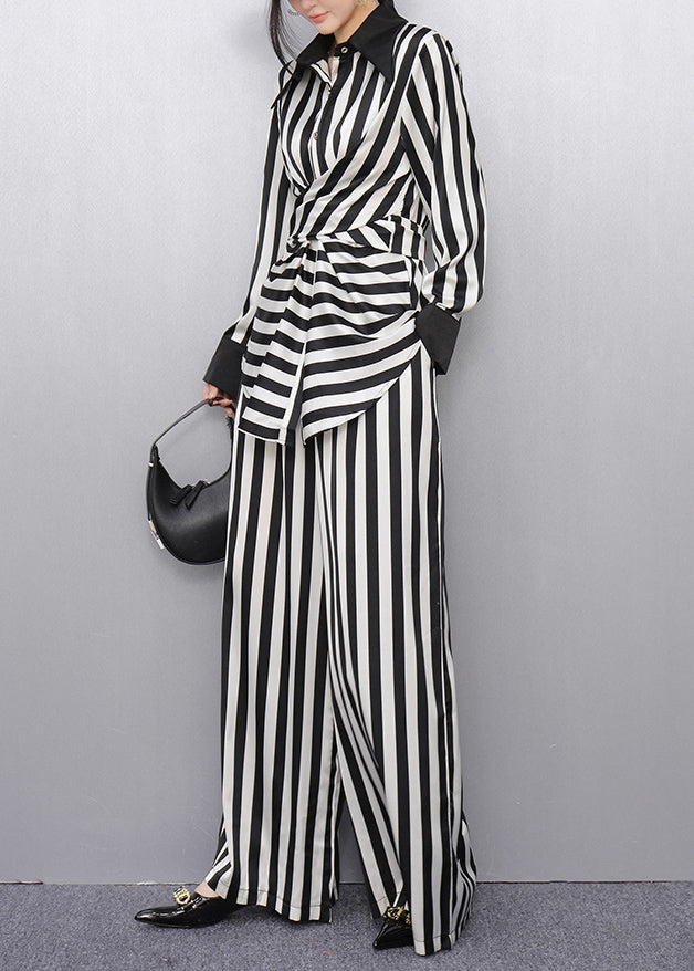 Classy Striped Peter Pan Collar Shirts and Wide Leg Pants Two Pieces Set Puff Sleeve