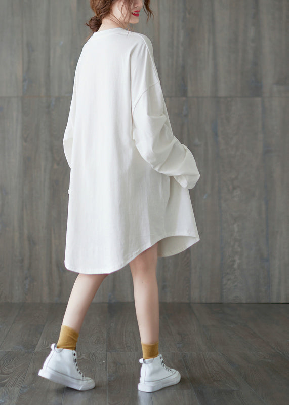 Classy White O-neck Loose a Line Dress Long Sleeve
