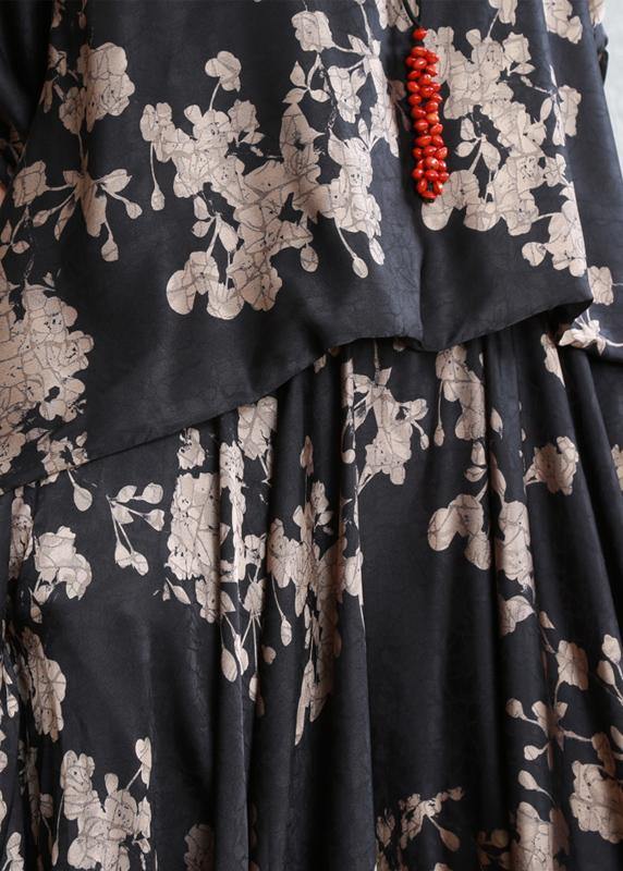Classy Black Print Dress O Neck False Two Pieces Maxi Dress