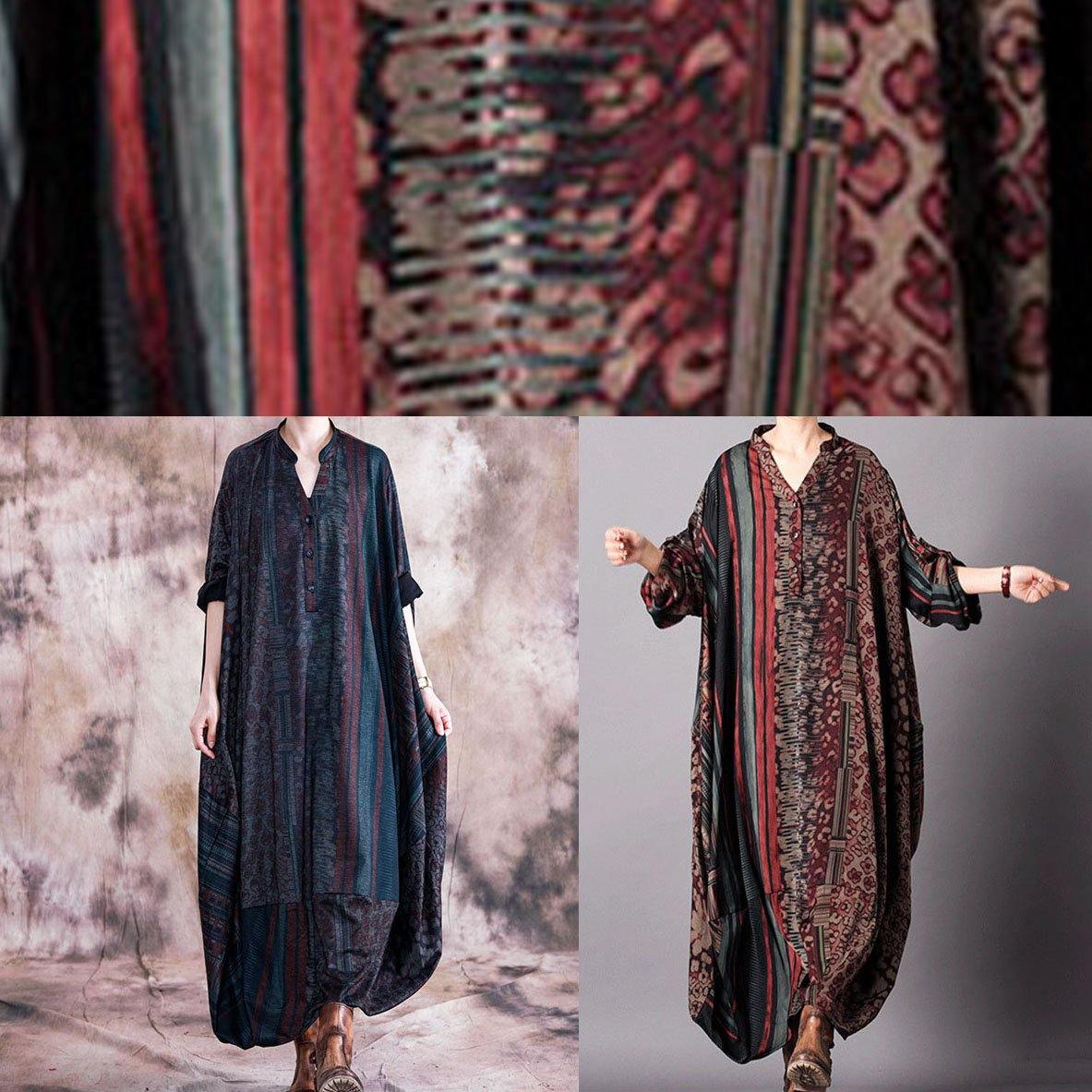 Classy Blue Print Clothes V Neck Batwing Sleeve Maxi Fall Dresses