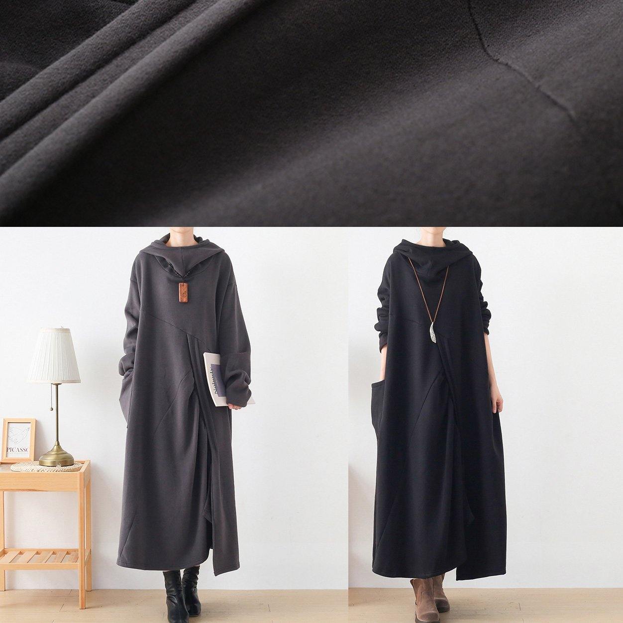 Classy Dark Gray Tunic Hooded Asymmetric Long Dresses