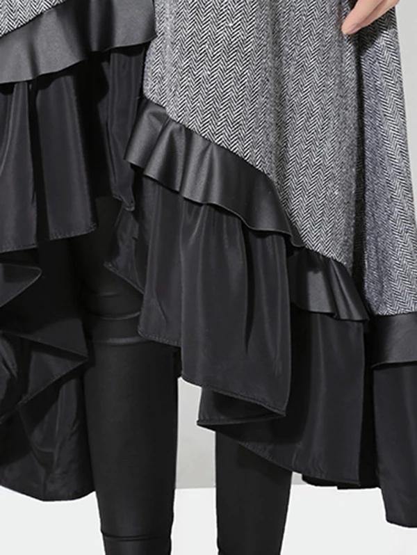 Classy Gray Cotton Quilting Clothes Lapel Ruffles Knee Dress