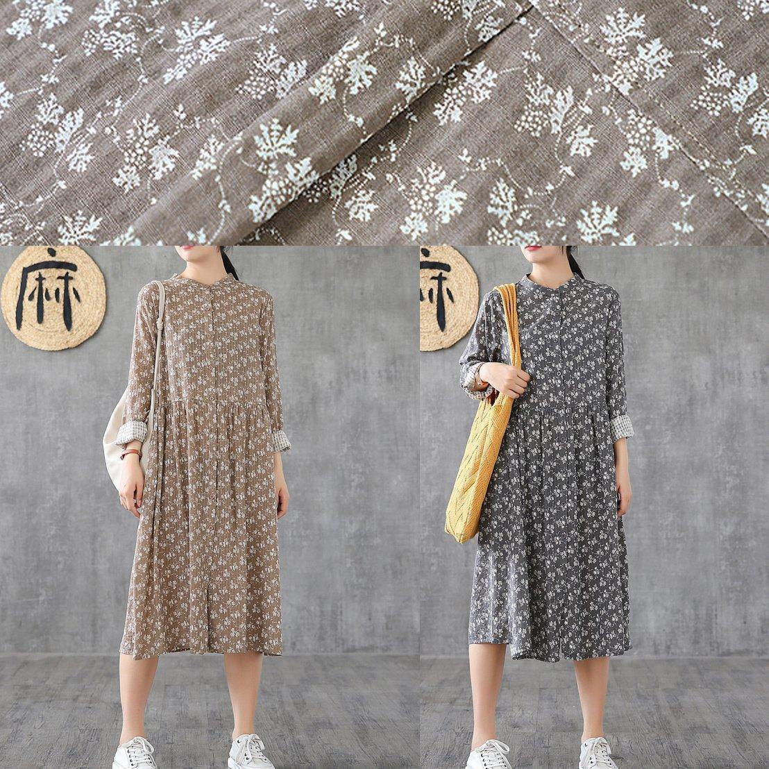 Classy Gray Print Linen Wardrobes Stand Collar Patchwork Short Dresses