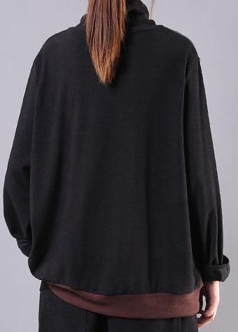 Classy high neck patchwork cotton fall Blouse pattern dark gray shirt