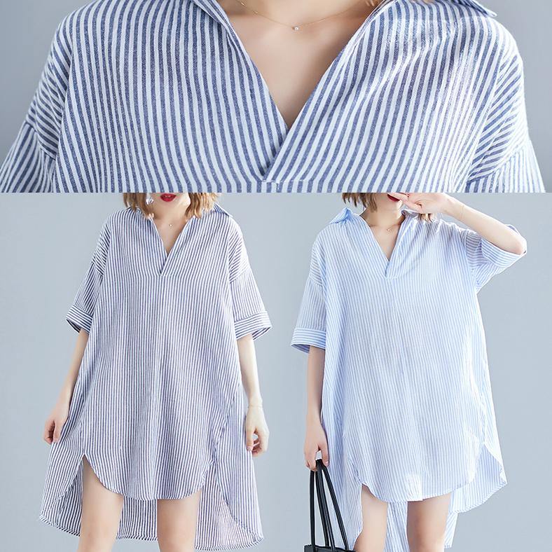Classy Lapel Asymmetric Linen Dress Boutique Ideas Blue Striped Knee Dresses Summer