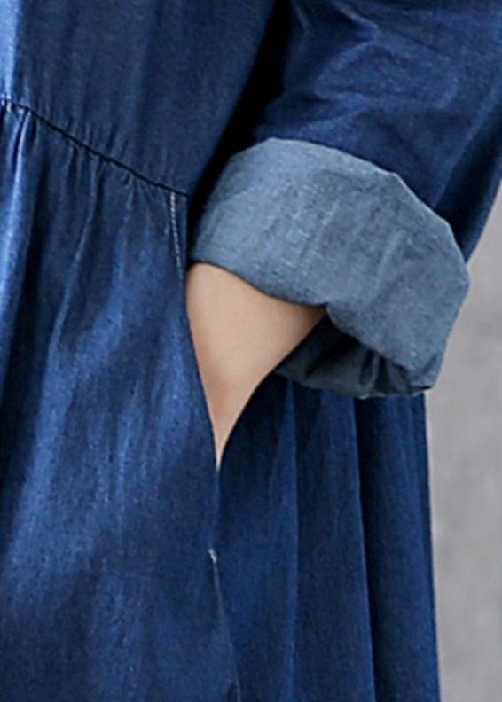 Classy Lapel Cinched Cotton Quilting Clothes Photography Denim Blue Dress