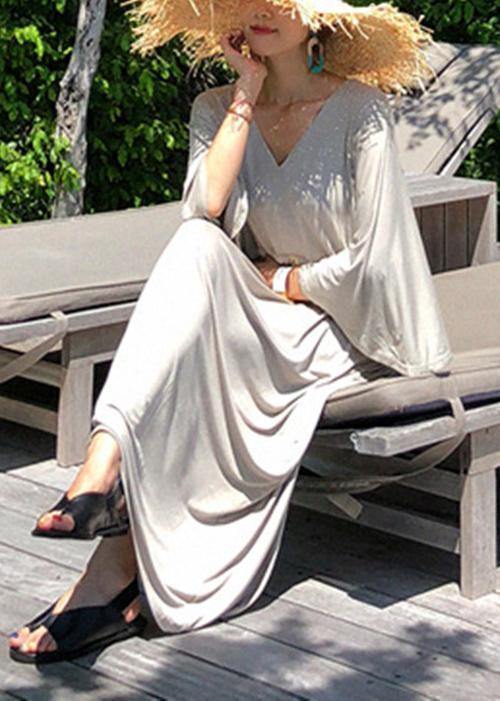 Classy V Neck Drawstring Cotton Clothes Gray Maxi Dresses