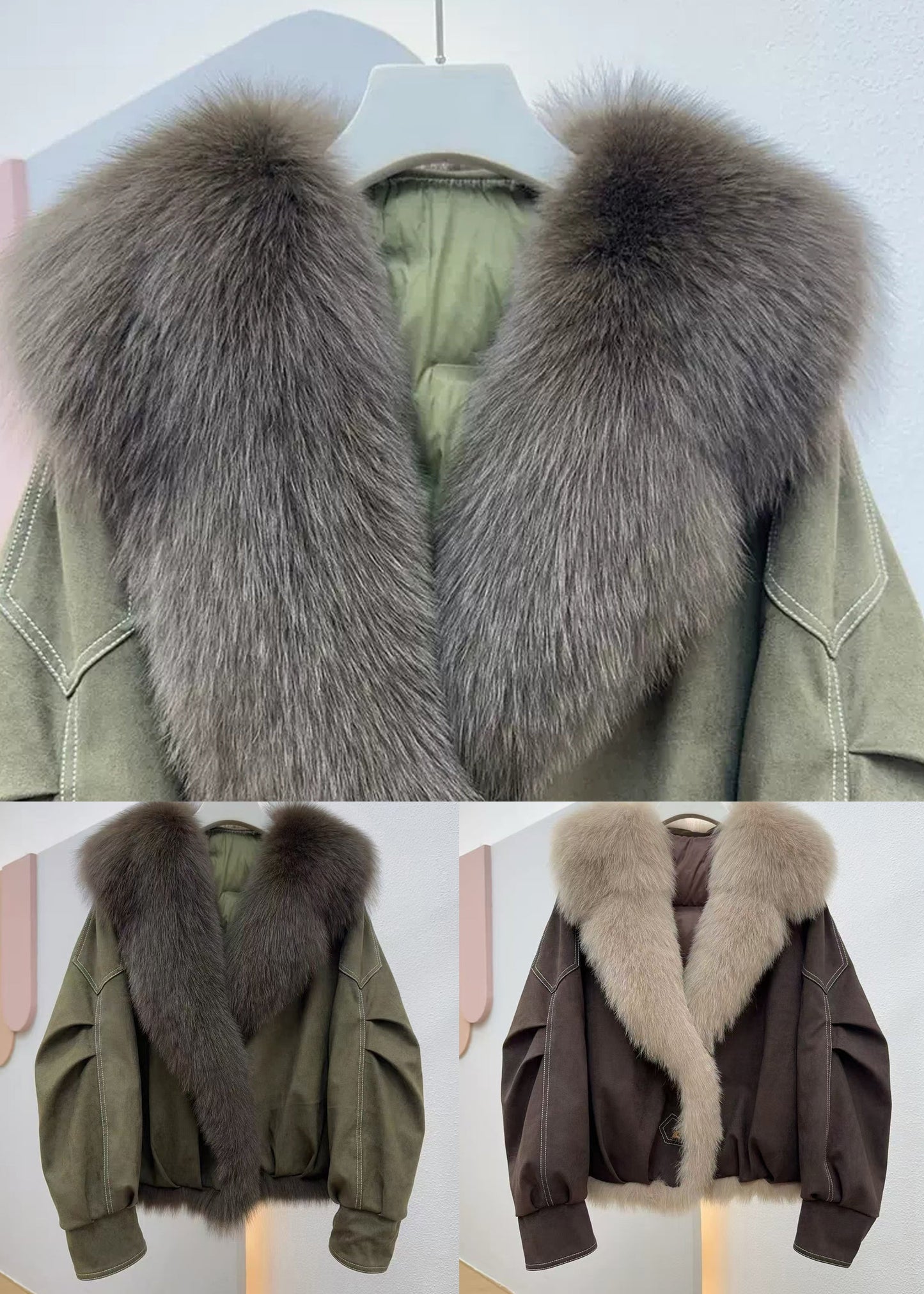 Coffee Button Pockets Fine Cotton Fur Collar