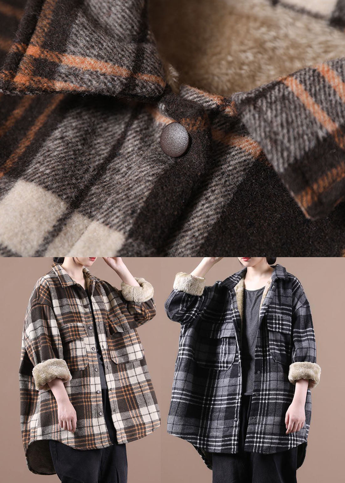 Chocolate Plaid Fleece Wool Lined Outwear Peter Pan Collar Winter