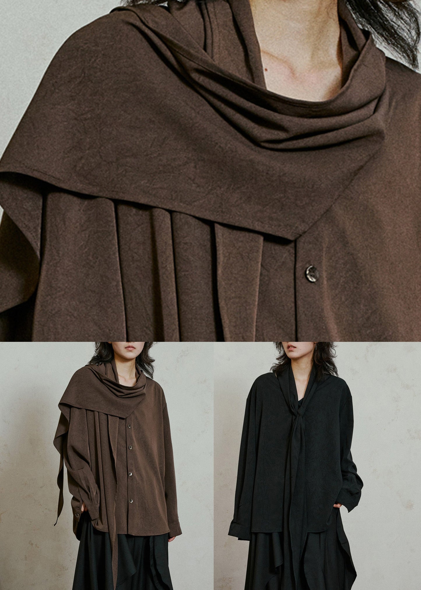 Coffee Wrinkled Button Solid Top Lantern Sleeve