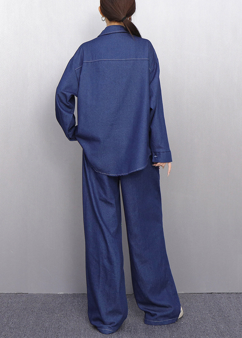 Colorful Navy Button Shirts and Pants Denim Two Pieces Set Fall