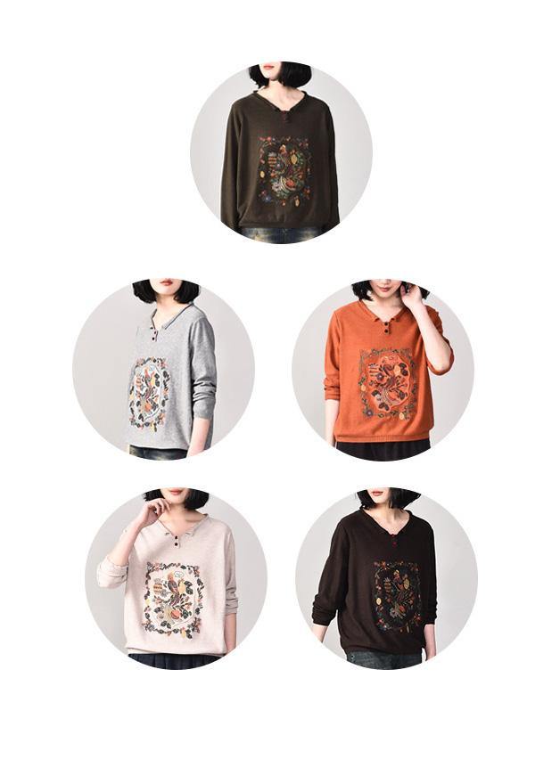 Comfy Orange Prints Knit Tops Fall Fall V Neck Sweaters Wild