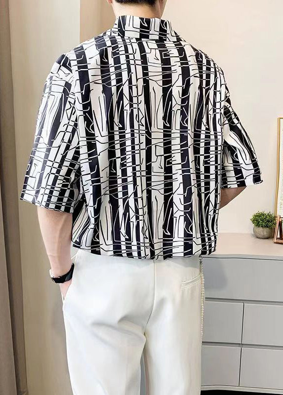 Cool Black Notched Striped Pockets Ice Silk Shirts Summer