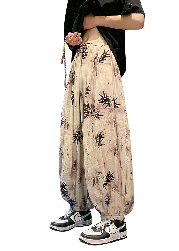 Cool Khaki Pockets Print Elastic Waist Silk Pants Summer
