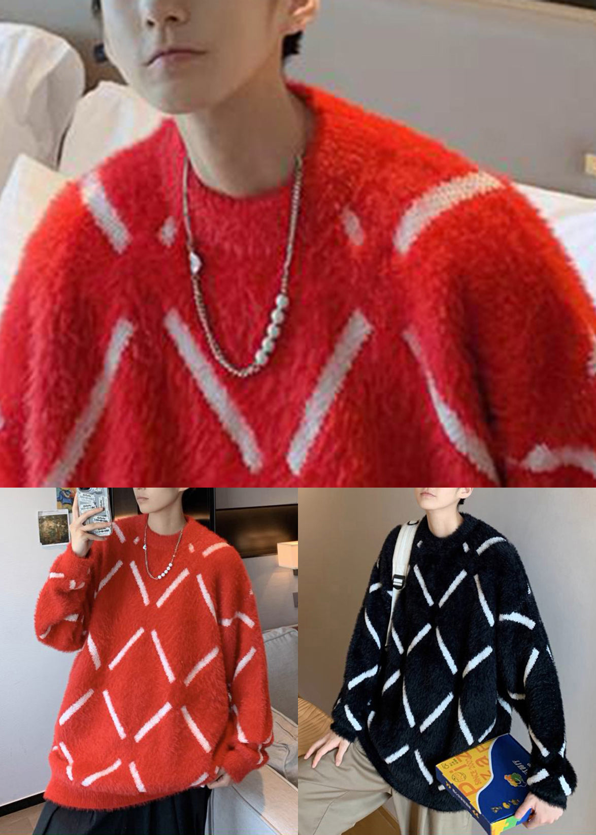 Cozy Black Plaid Thick Ma Hai Mao Knit Sweater Spring