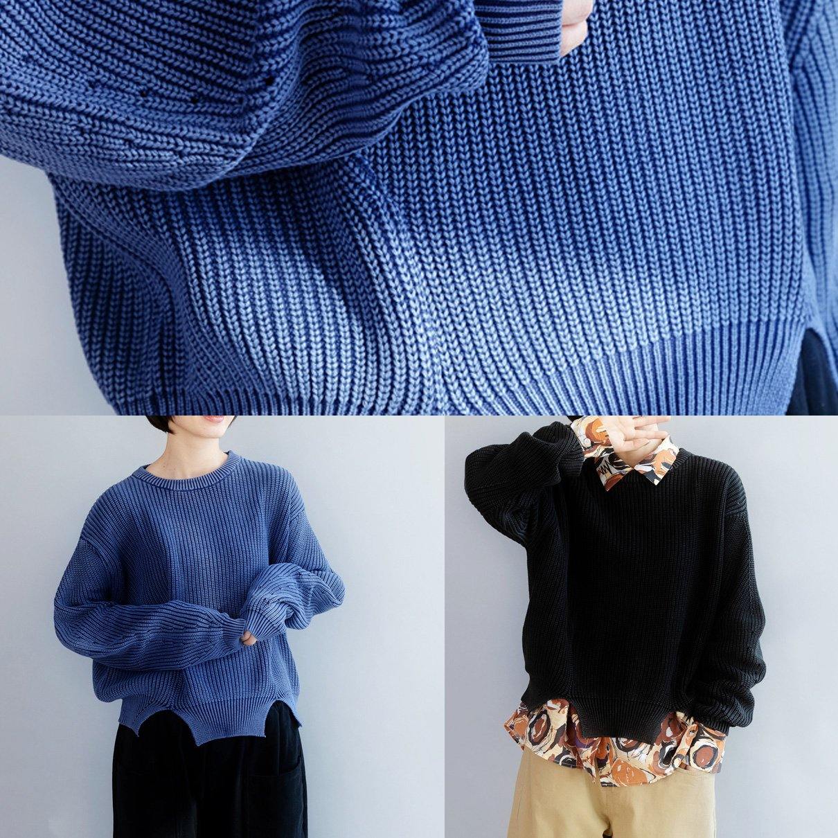 Cozy Black Knitted T Shirt Open Hem Oversized Winter Knit Sweat Tops