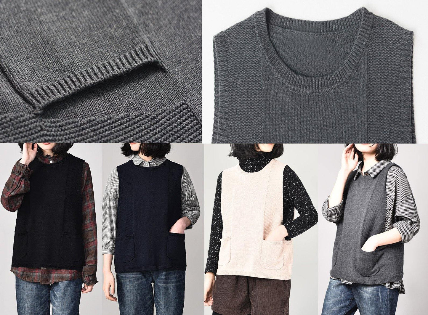 Cozy Gray Sleeveless Knit Coats Loose Fitting Pockets Knitted Coat O Neck