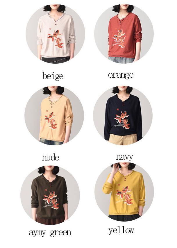 Cozy Yellow Knit T Shirt Loose Fitting Animal Embroidery Knitted Sweater Long Sleeve