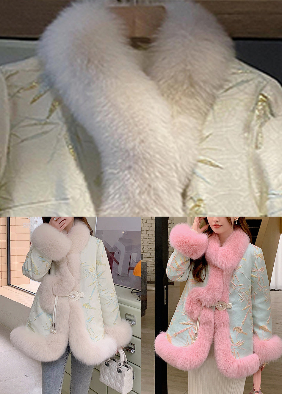 Beige Fox Collar Embroidered Leather and Fur Coats Winter