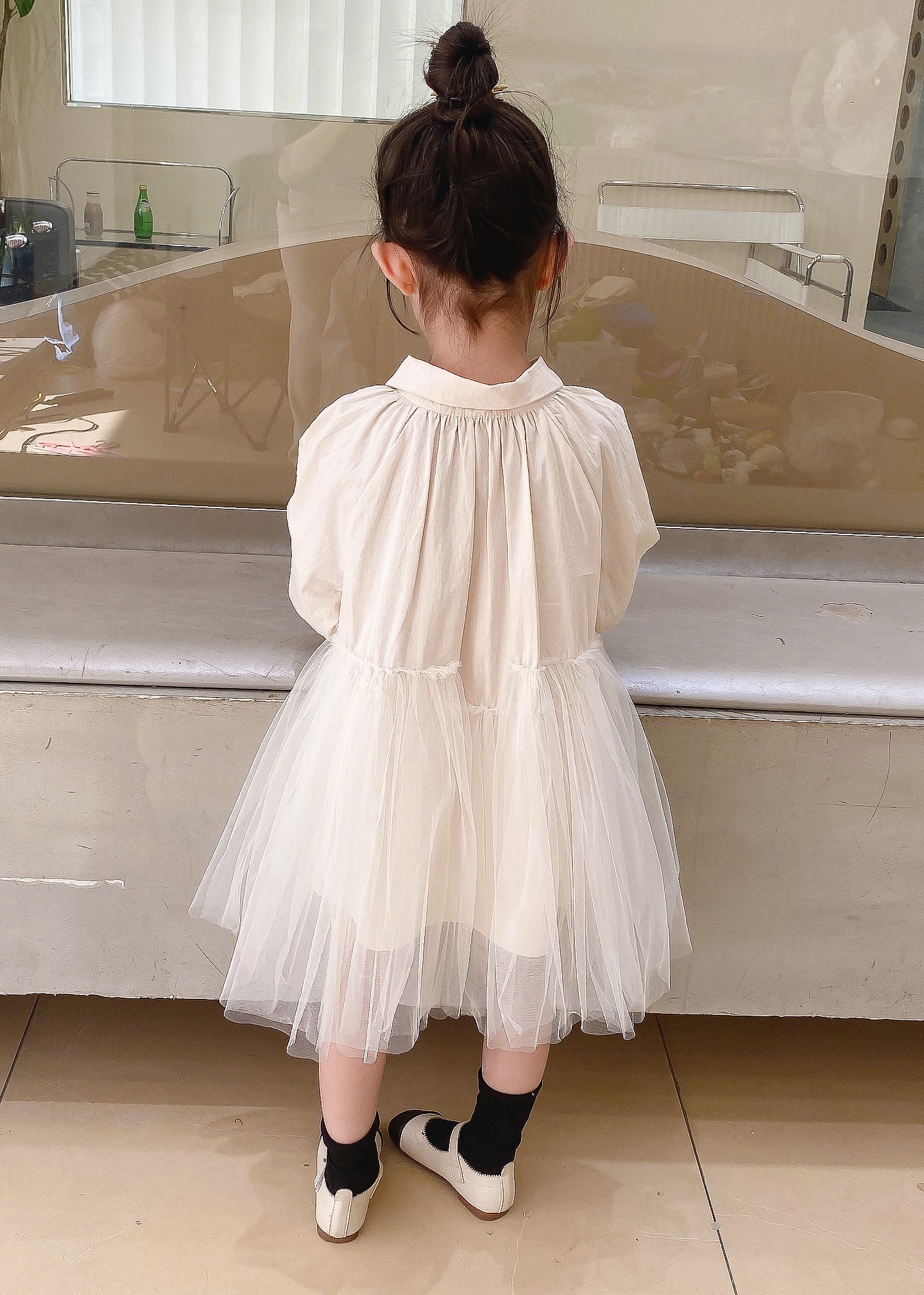 Beige Peter Pan Collar Tulle Patchwork Cotton Dresses Fall