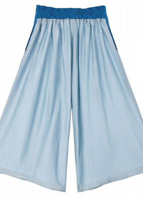 Blue Embroideried Elastic Waist Pockets Cotton Crop Pants Summer
