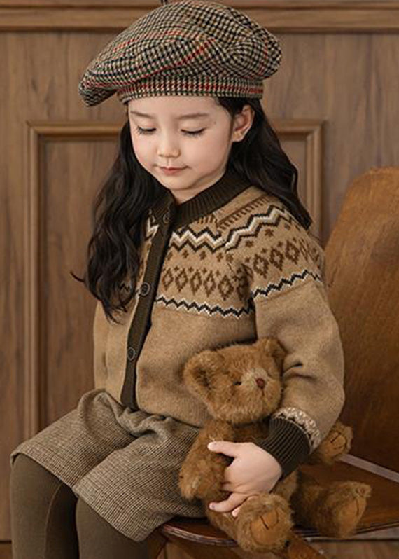 Coffee O-neck Print Cotton Knit Cardigans Spring