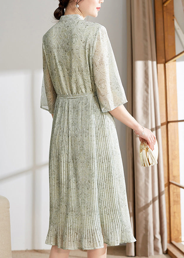 Light Green Print Button Tie Waist Chiffon Holiday Maxi Dress Summer