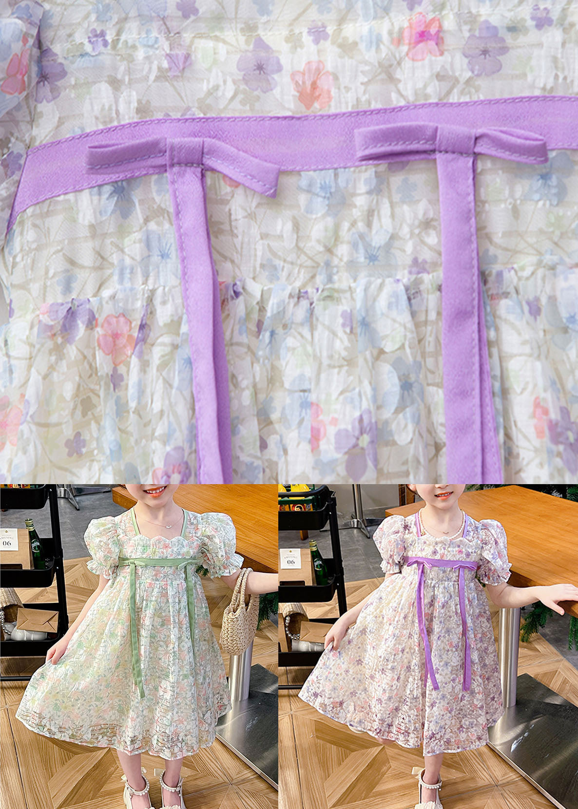 Light Green Print Patchwork Tulle Kids Dresses Summer