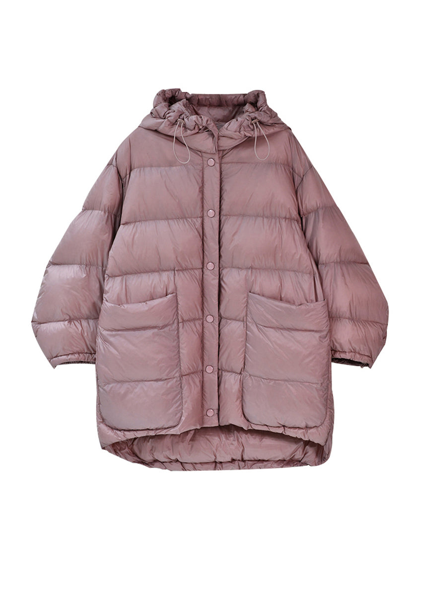 Pink Drawstring Zippered Button Low High Design Hooded Duck Down Filled Down Coat Winter