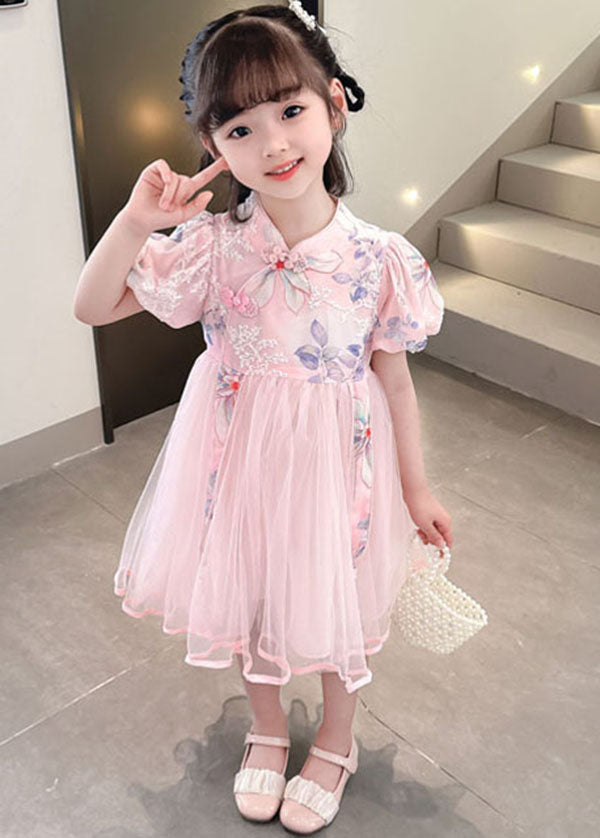 Pink Embroideried Chinese Button Patchwork Tulle Baby Dresses Summer