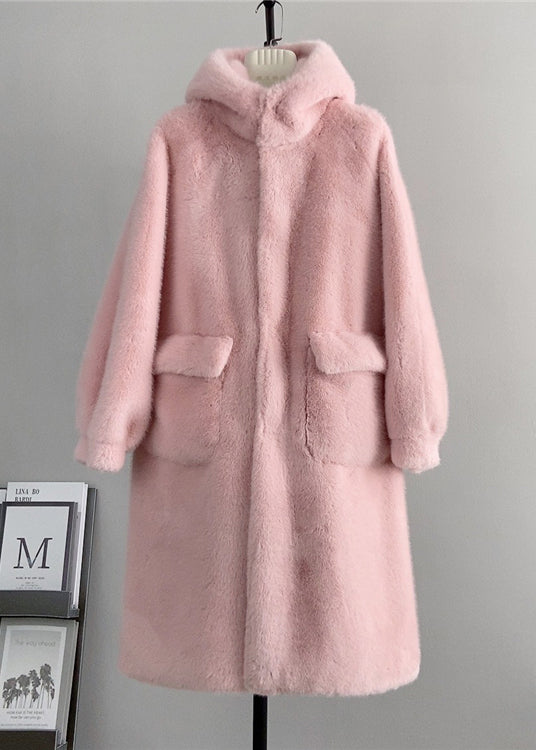 Pink Hooded Pockets Mink Cashmere Coats Winter