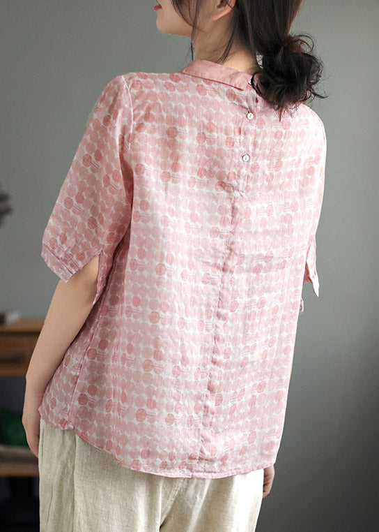 Pink Peter Pan Collar Dot Print Linen Tops Summer