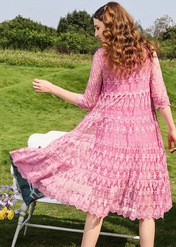 Pink Peter Pan Collar Embroidered Tulle Long Dresses Summer