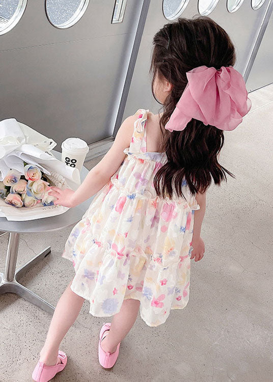 Pink Print Ruffled Patchwork Chiffon Baby Dresses Sleeveless