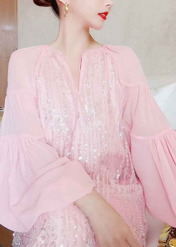 Pink V Neck Patchwork Sequins Silk Long Dress Lantern Sleeve