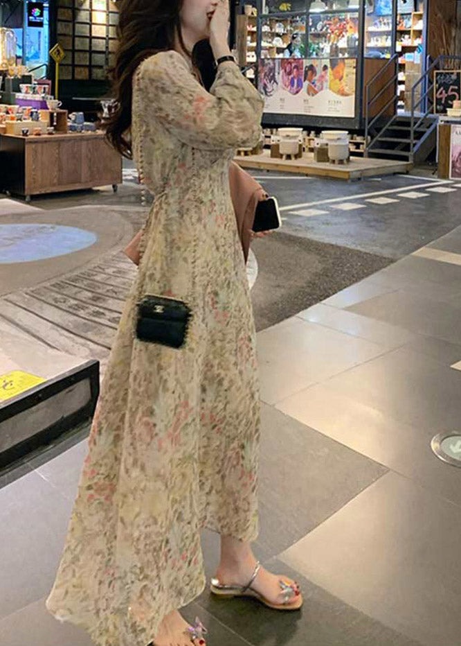 V Neck Print Tie Waist Chiffon Long Dress Long Sleeve