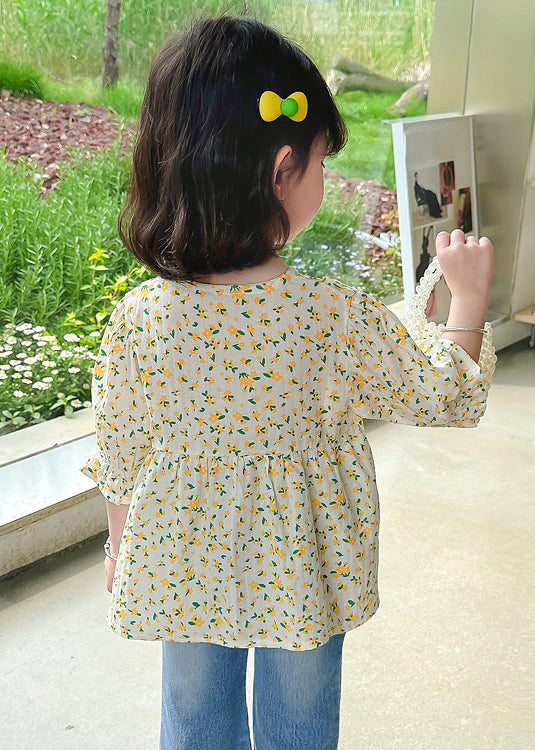 Yellow O-neck Print Cotton Top Half Sleeve