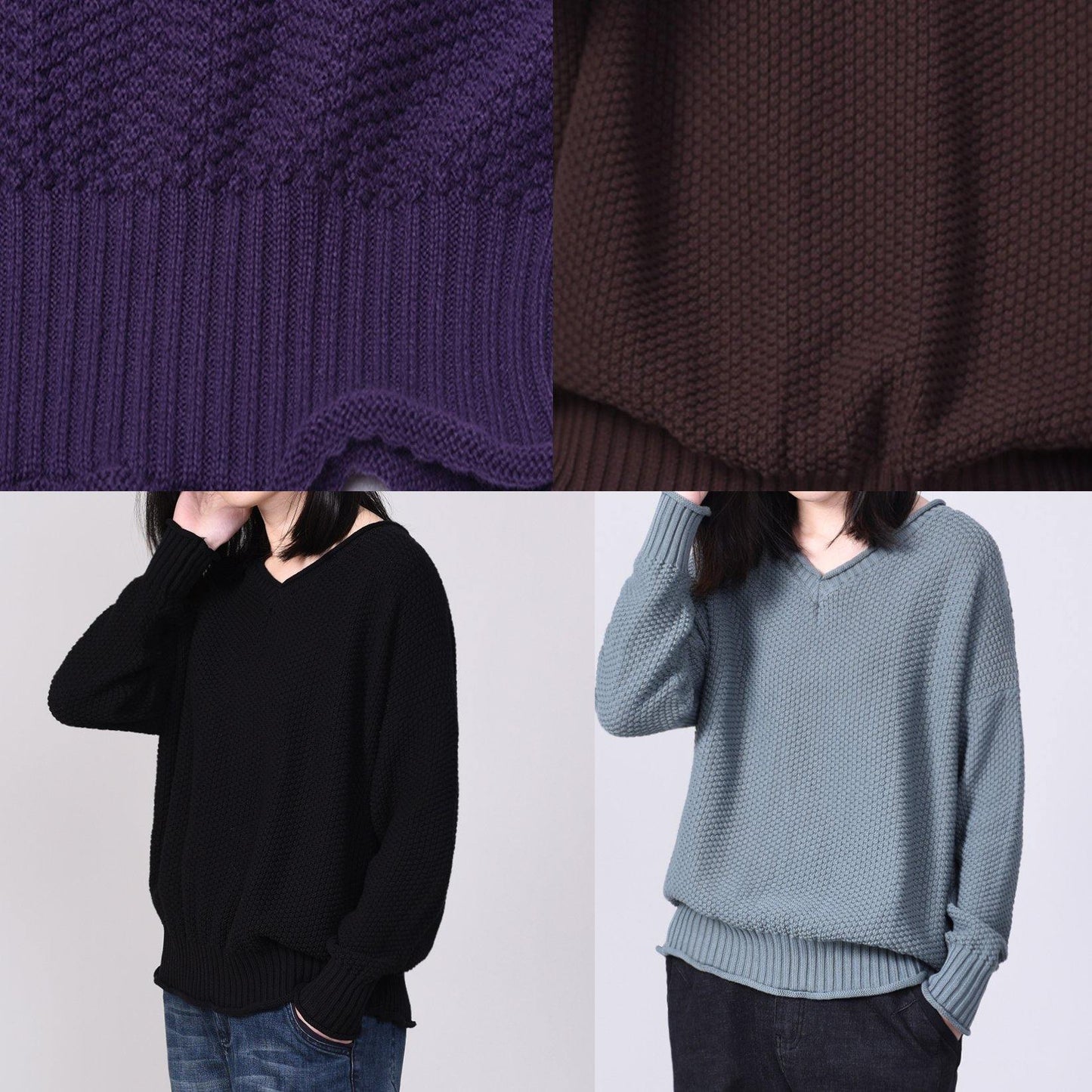 Black Knit Tops Autumn Sweater V Neck