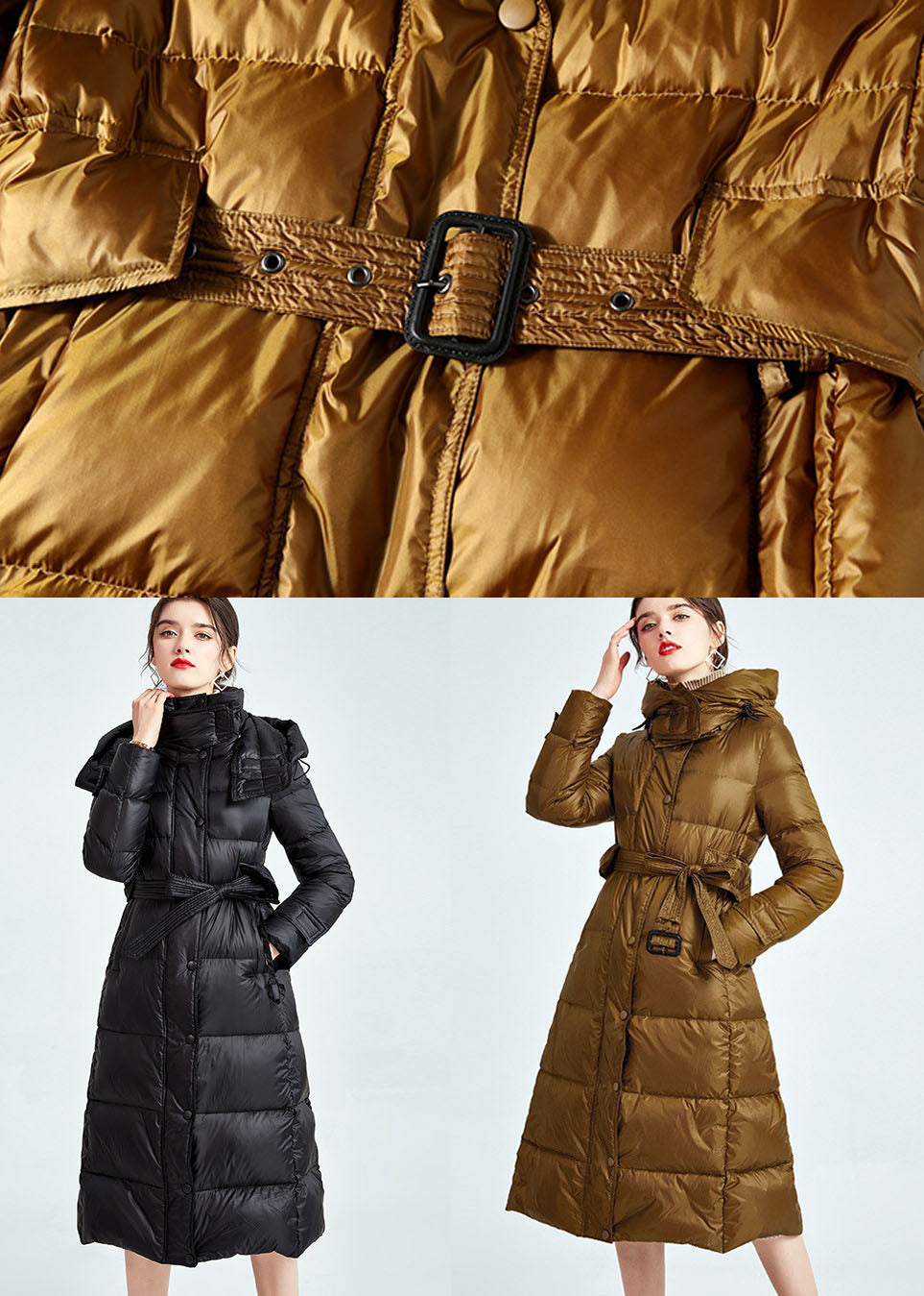 Diy Black Hooded Lengthen Duck Down Cinch Coats Winter
